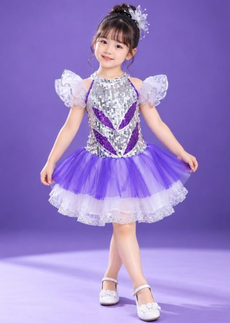 Thuê váy múa - Váy kim sa mầm non trắng phối tím cổ trụ