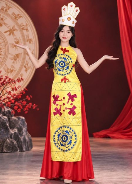 trang phục âu lạc áo dài âu lạc nữ màu vàng