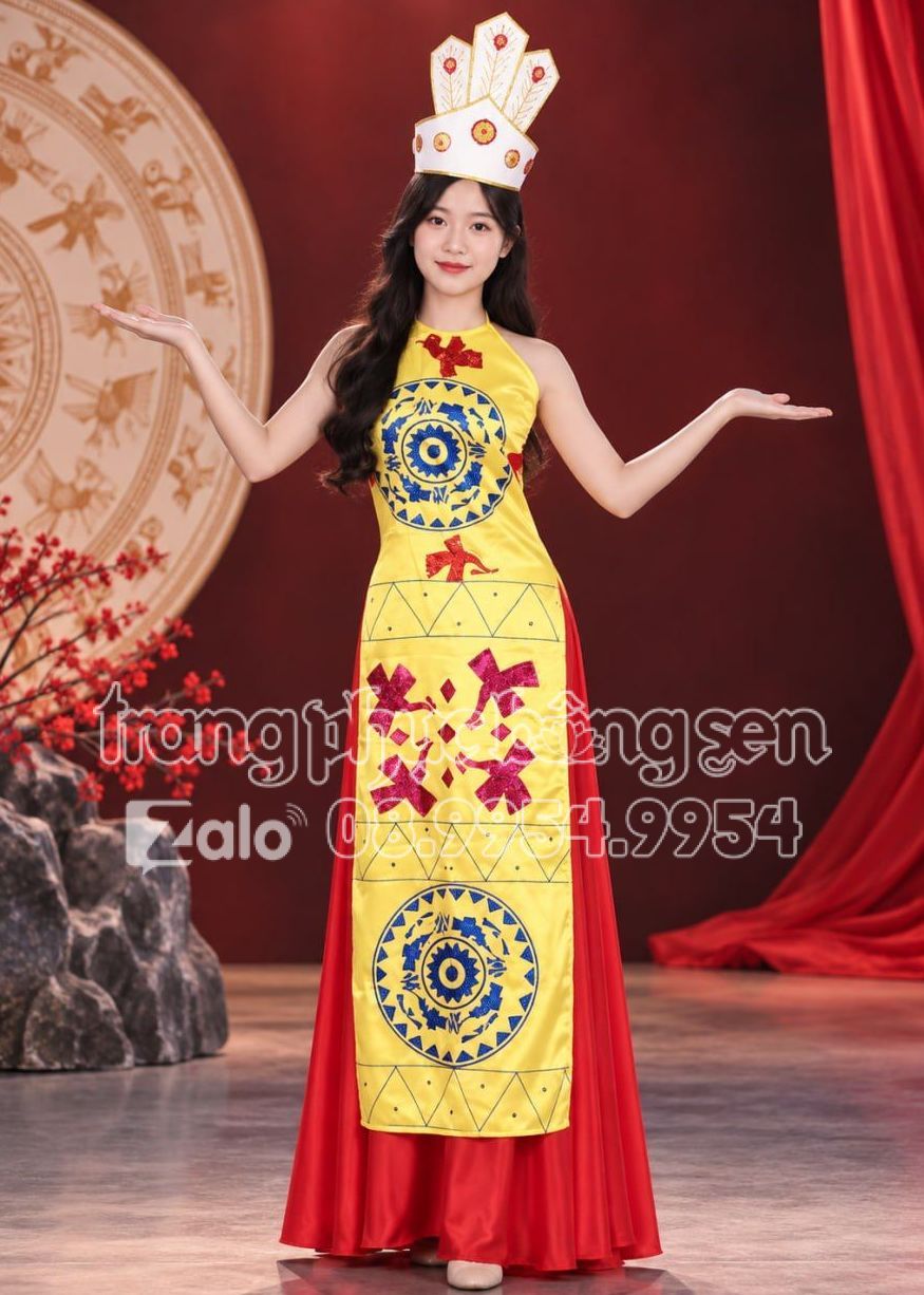 trang phục âu lạc áo dài âu lạc nữ màu vàng