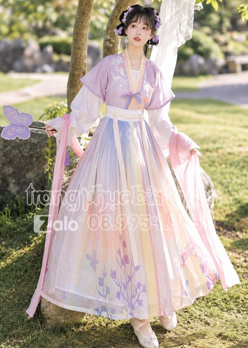 trang phục hằng nga tử hồng tím pastel quạt bướm