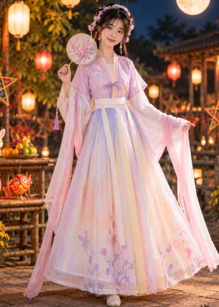 trang phục hằng nga tử hồng tím hồng pastel áo voan