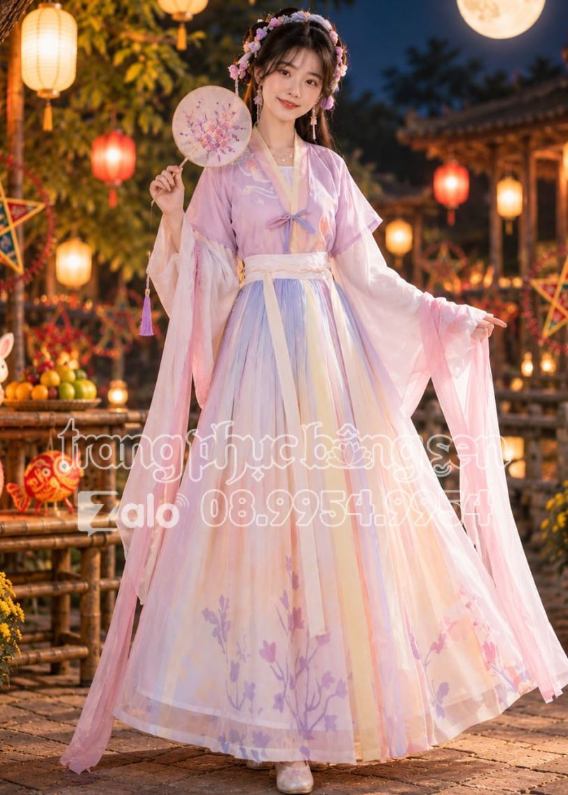 trang phục hằng nga tử hồng tím hồng pastel áo voan