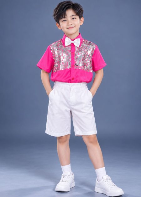 Thuê đồ sự kiện - trang phục hát múa trẻ em nam sơ mi kim sa hồng quần short