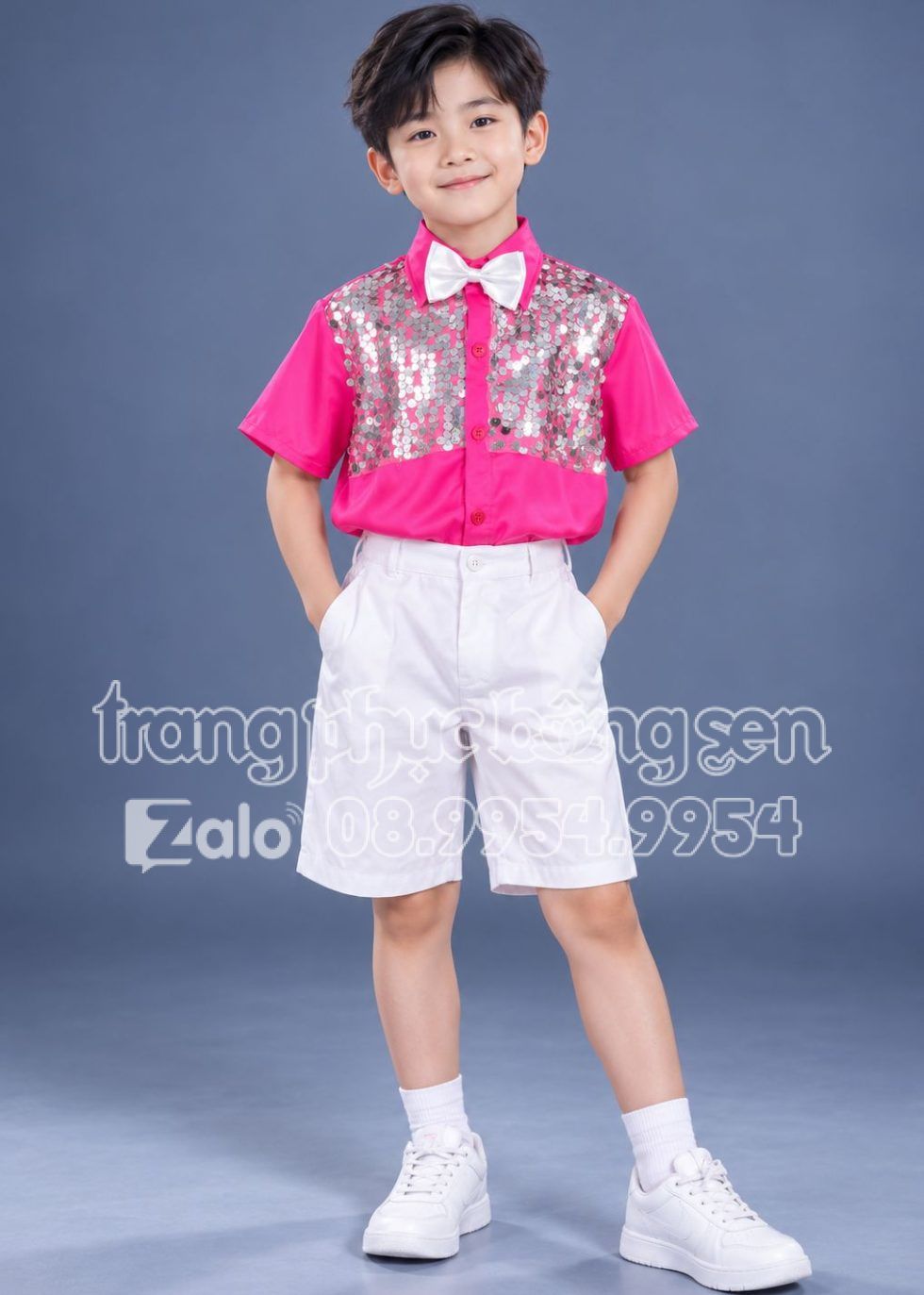 Thuê đồ sự kiện - trang phục hát múa trẻ em nam sơ mi kim sa hồng quần short