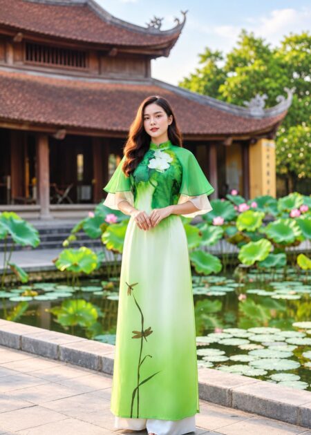 Áo dài cách tân nữ nền xanh họa tiết hoa sen tay cánh voan