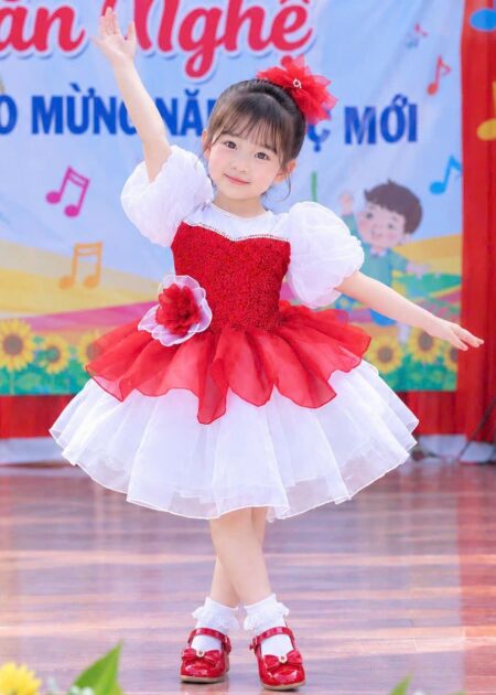 Đầm múa trẻ em voan đỏ trắng kim sa bồng bềnh cho bé biểu diễn văn nghệ
